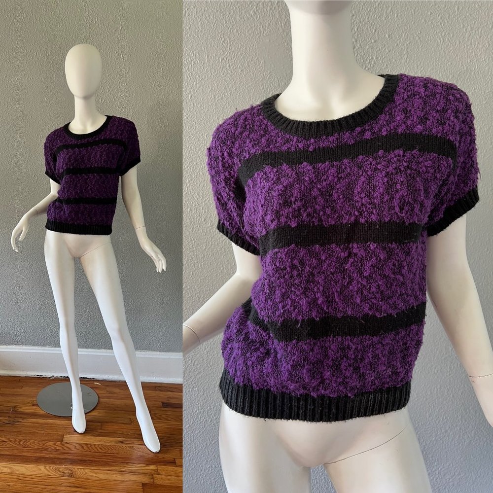 Vintage Cozy Textured Crewneck Sweater - Purple & Black Stripe